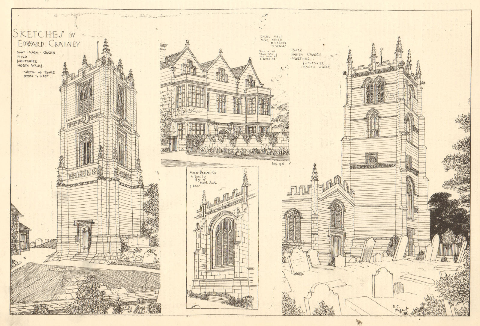Flintshire Mold Northop. St Mary's & parish churches. Rhual Hall. Cratney 1907